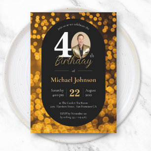 Invitación Foto con Bokeh de Oro Negro Cumpleaños 40