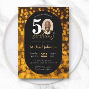 Invitación Foto con Bokeh de Oro Negro para Cumpleaños 50
