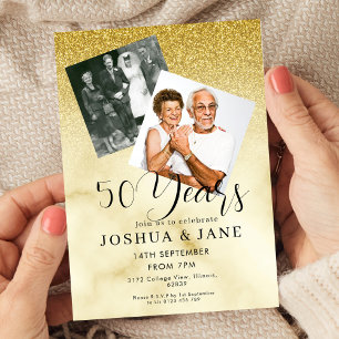 Invitación Foto con Brillo Dorado 50 Aniversario de Boda
