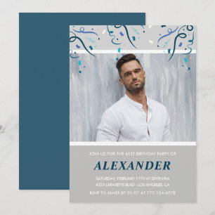 Invitación Foto Confeti azul marino para él cumpleaños 41