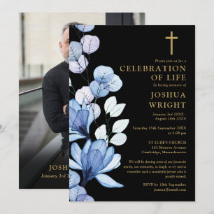 Invitación Foto conmemorativa cristiana floral azul funeral