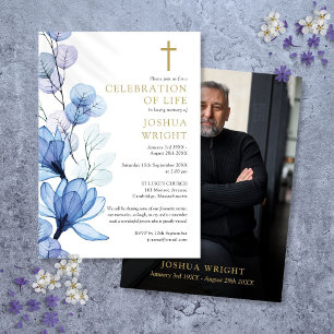 Invitación Foto conmemorativa cristiana floral azul para fune