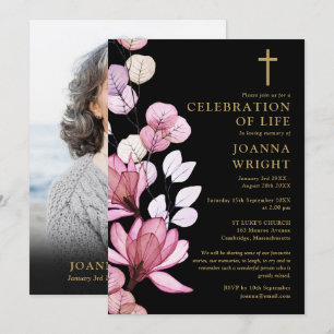 Invitación Foto conmemorativa cristiana floral rosa funeral