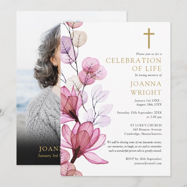 Invitación Foto conmemorativa cristiana floral rosa para fune (Anverso / Reverso)