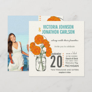 Invitación Foto: Coral Turquoise Rustic Mason Jar Carnations