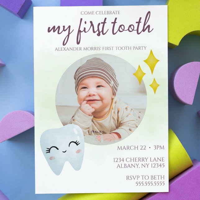 Invitación Foto corta del primer Fiesta dental ("my first tooth" party invitation cute gender neutral boy or girl baby party invite watercolor cute)