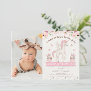 Invitación Foto Crema Rosa Unicornio Día Mágico Primer Cumple