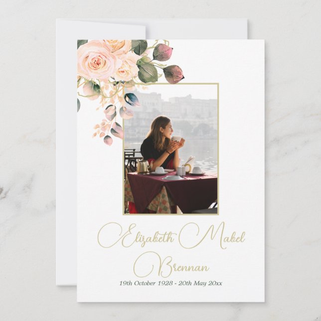 Invitación Foto cristiana funeraria elegida floral rosa rosa  (Reverso)