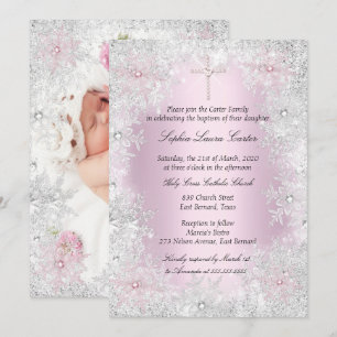 Invitación Foto Cruz Bautizo Niña Copos de Nieve Rosa Plata