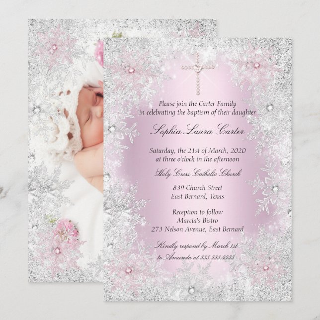 Invitación Foto: Cruz de bautismo Chica con copos de nieve de (Anverso / Reverso)