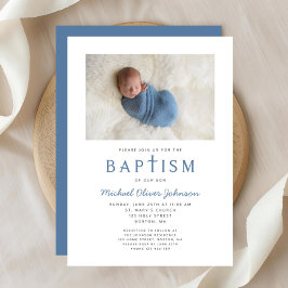 Invitación Foto Cruz Religiosa Bautizo Niño Azul