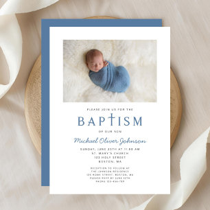 Invitación Foto Cruz Religiosa Bautizo Niño Azul