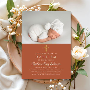 Invitación Foto Cruz Religiosa de Terracota Bautizo