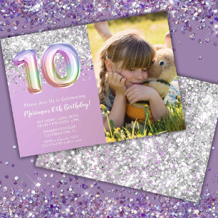 Invitación Foto Cumpleaños 10º Brillante Arcoíris