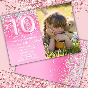 Invitación Foto Cumpleaños 10º Brillante Rosa