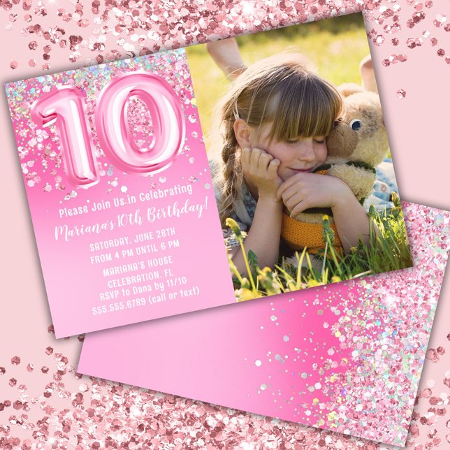 Invitación Foto Cumpleaños 10º Brillante Rosa (Subido por el creador)
