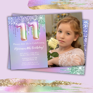 Invitación Foto Cumpleaños 11 años Fiesta Purpura Rosa Brilla