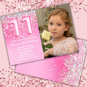 Invitación Foto Cumpleaños 11 Años Glitter Rosa
