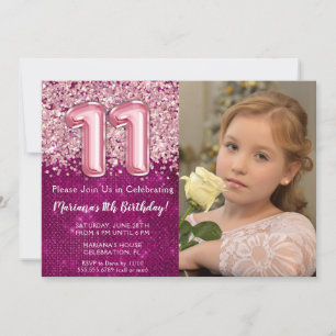 Invitación Foto Cumpleaños 11 Magenta Rosa Brillante