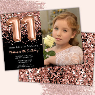 Invitación Foto Cumpleaños 11 Rosa Negra Dorado Brillante