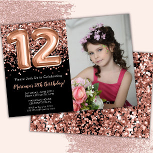 Invitación Foto Cumpleaños 12 Años Rosa Negra Dorado Brillant