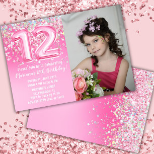 Invitación Foto Cumpleaños 12 Glitter Rosa