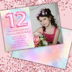 Invitación Foto Cumpleaños 12 Pink Rainbow