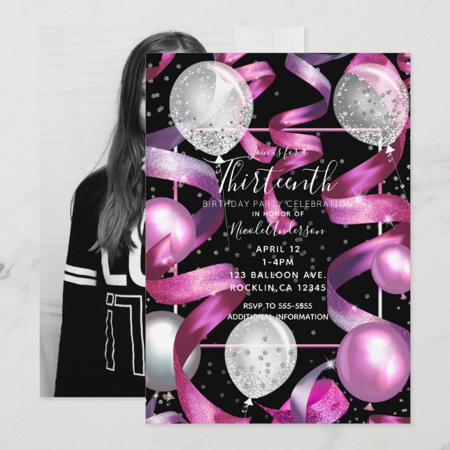 Invitación Foto Cumpleaños 13 Rosa Negro Plateado Brillo (Anverso / Reverso)