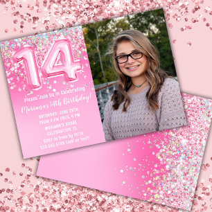 Invitación Foto Cumpleaños 14 Glitter Rosa