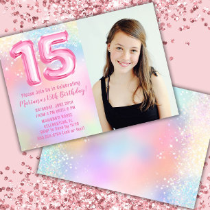 Invitación Foto Cumpleaños 15 Arcoíris Rosa
