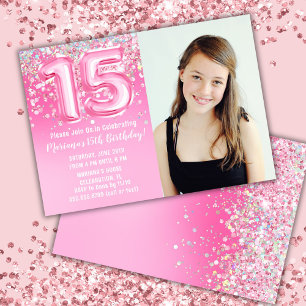 Invitación Foto Cumpleaños 15 Glitter Rosa