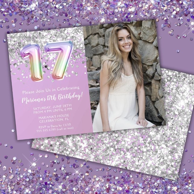 Invitación Foto Cumpleaños 17 con destellos de arcoíris (Subido por el creador)