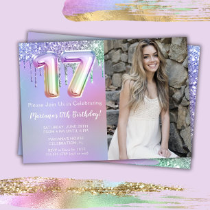 Invitación Foto Cumpleaños 17 Purpura Rosa Brillo Goteo