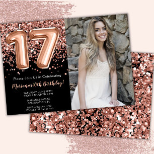 Invitación Foto Cumpleaños 17 Rosado Dorado Brillante