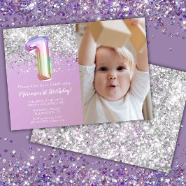 Invitación Foto Cumpleaños 1er Arcoíris Brillante