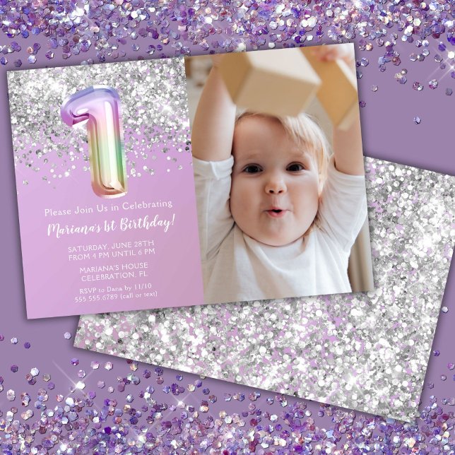 Invitación Foto Cumpleaños 1er Arcoíris Brillante (Subido por el creador)