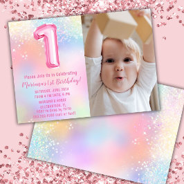Invitación Foto Cumpleaños 1er Arcoíris Rosa