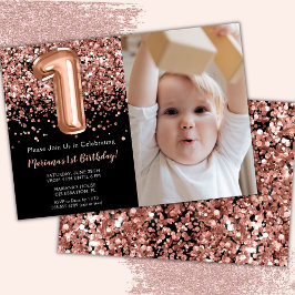 Invitación Foto Cumpleaños 1er Cumpleaños Rosa Negra Dorado B