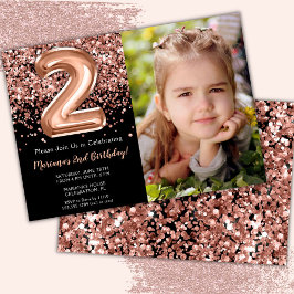 Invitación Foto Cumpleaños 2º Cumpleaños Rosa Negra Dorado Br