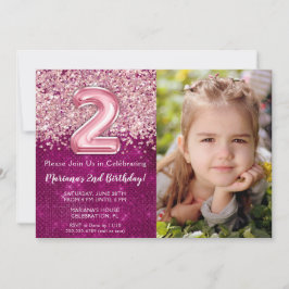 Invitación Foto Cumpleaños 2º Magenta Rosa Purpurina Brillant
