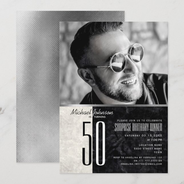 Invitación Foto cumpleaños 40, mármol blanco y negro (Anverso / Reverso)