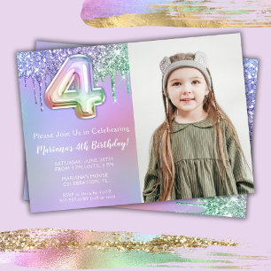 Invitación Foto Cumpleaños 4 años Fiesta Purpura Rosa Brillan