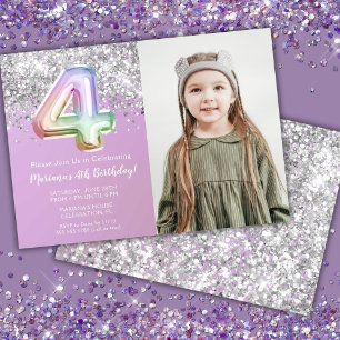 Invitación Foto Cumpleaños 4 años Sparkle Arcoíris