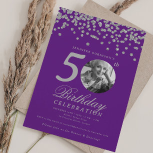 Invitación Foto Cumpleaños 50 Aniversario Confeti Plateado Pu