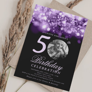 Invitación Foto Cumpleaños 50 Morado Glam Medianoche