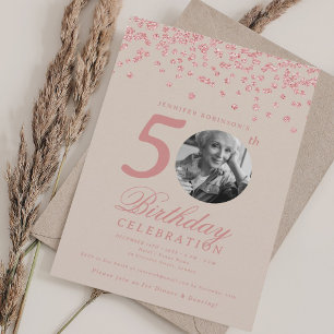 Invitación Foto Cumpleaños 50 Rosa Dorado Champagne Confeti 
