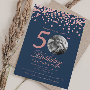 Invitación Foto Cumpleaños 50 Rose Gold Confeti Azul Marino