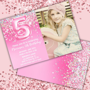 Invitación Foto Cumpleaños 5 Glitter Rosa