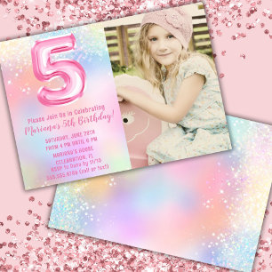 Invitación Foto Cumpleaños 5 Pink Rainbow