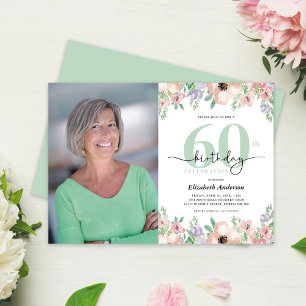 Invitación Foto Cumpleaños 60 Años Pastel Floral 